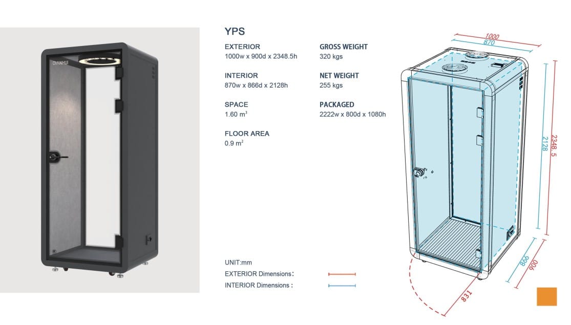 Kích thước Phone Booth Cabin cách âm 1 người (Solo Pod)