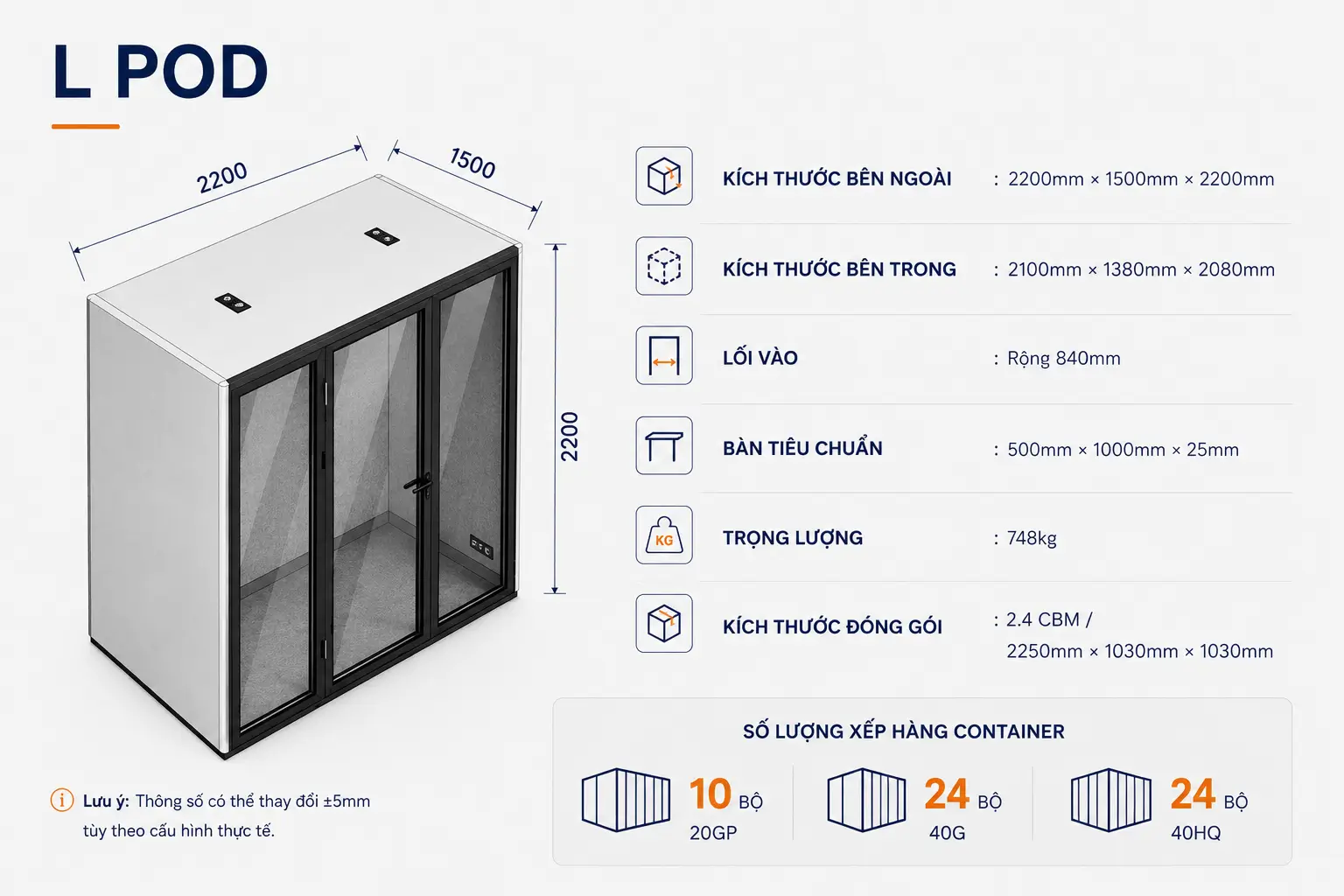 Booth cách âm cho văn phòng mở QB FS-LPOD2200 kích thước