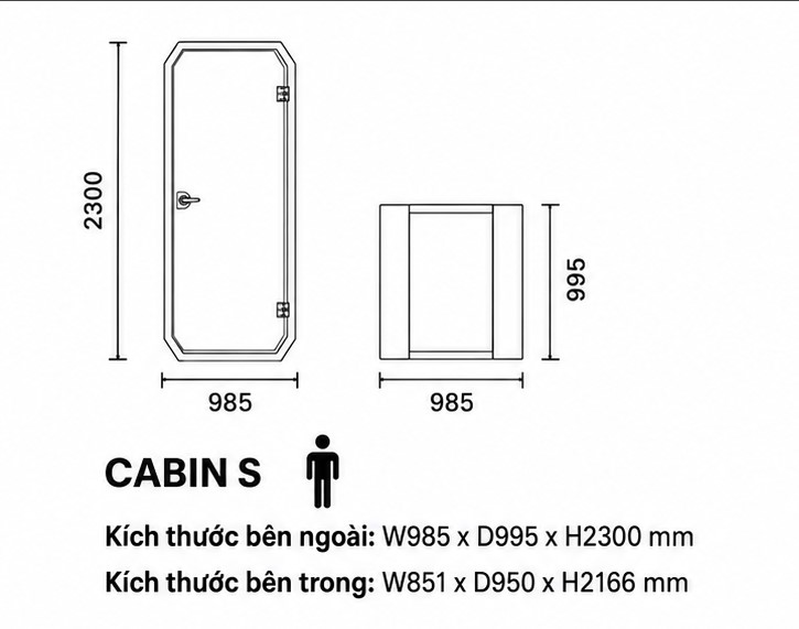 Kích thước POD văn phòng cao cấp YB NVS cách âm 35dB
