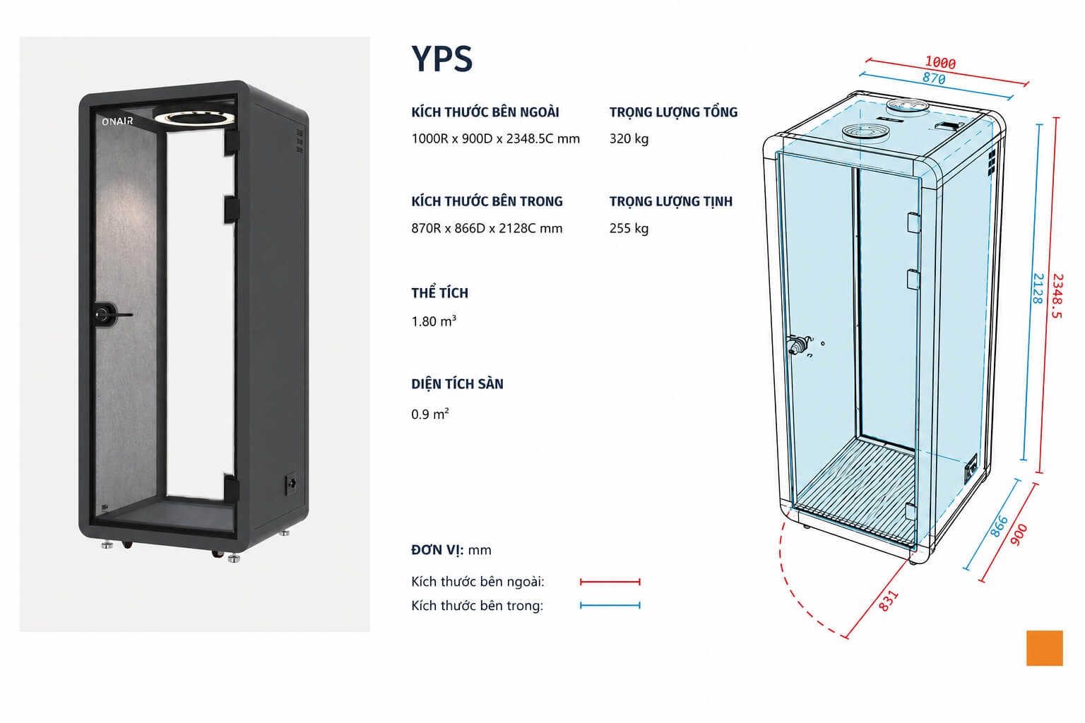 Kích thước Cabin cách âm 1 người QH-YPS