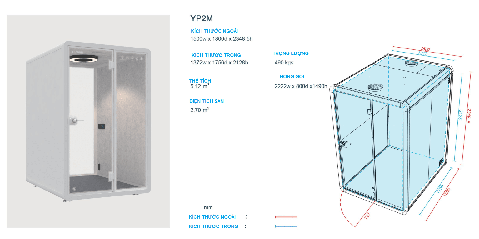Kích thước Office Pod QH-YP2M phòng họp cách âm chuyên sâu