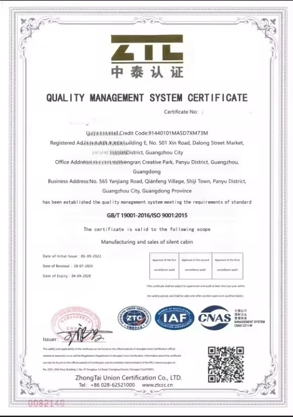 Chứng chỉ ISO 9001 cabin cách âm