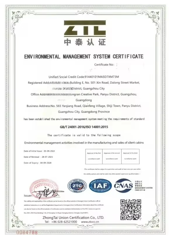 Chứng chỉ ISO14001 cabin cách âm