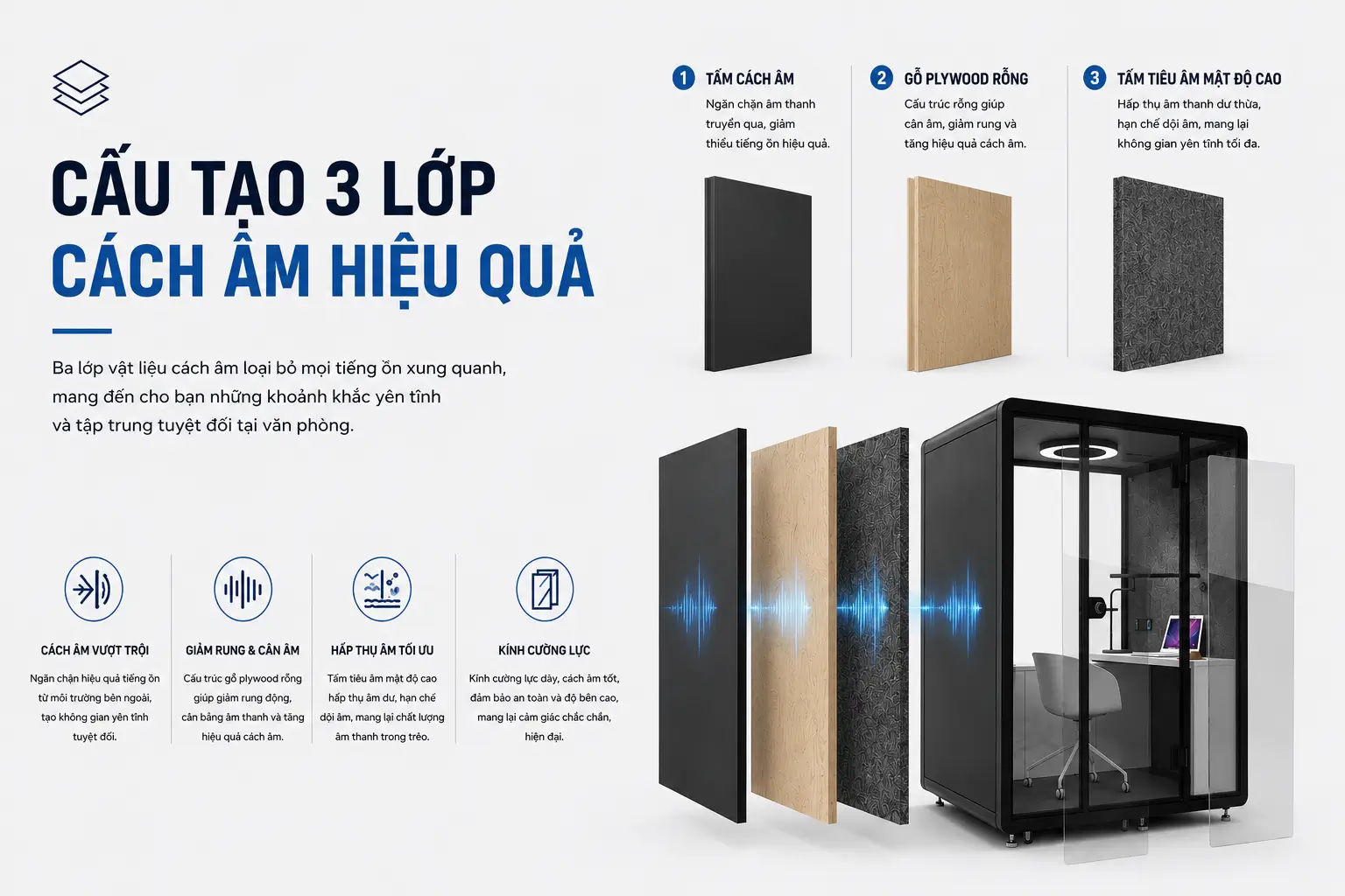 Cabin cách âm 4 người QH-YPSL không gian họp nhóm yên tĩnh cấu tạo vách