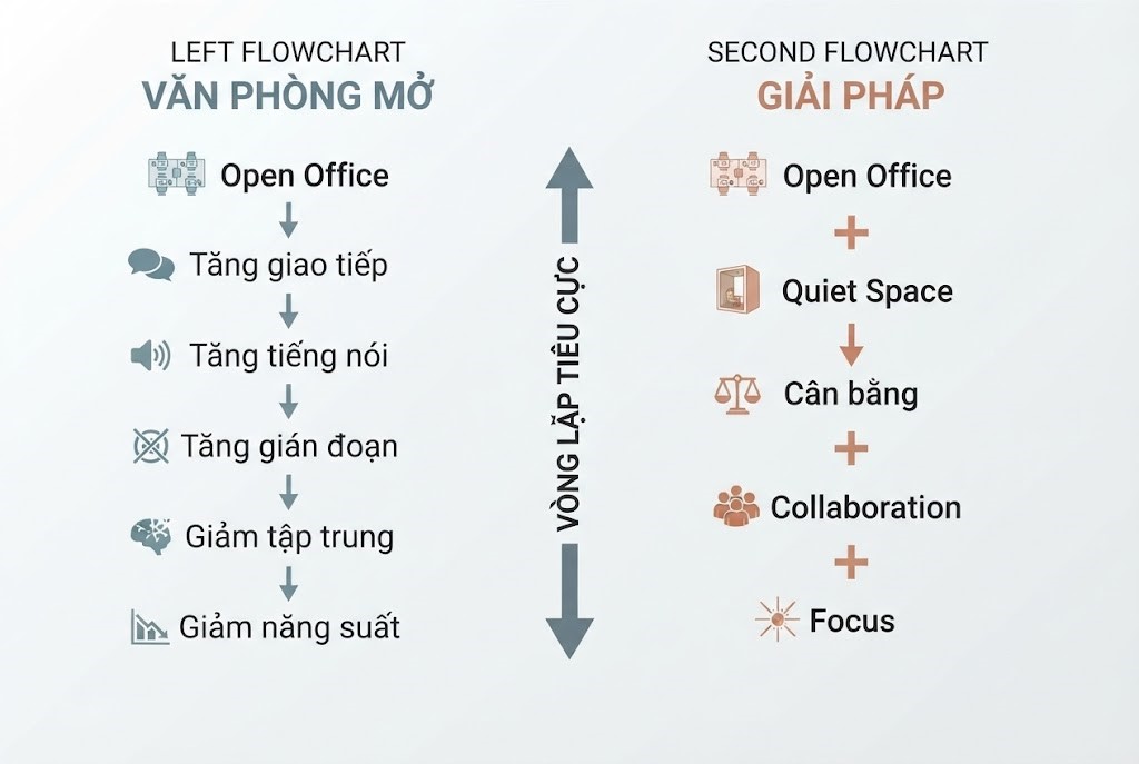 Văn phòng mở - Sự tương tác mang lại những ý tưởng lớn, nhưng chính sự ồn ào đi kèm lại làm đứt gãy mạch tập trung 