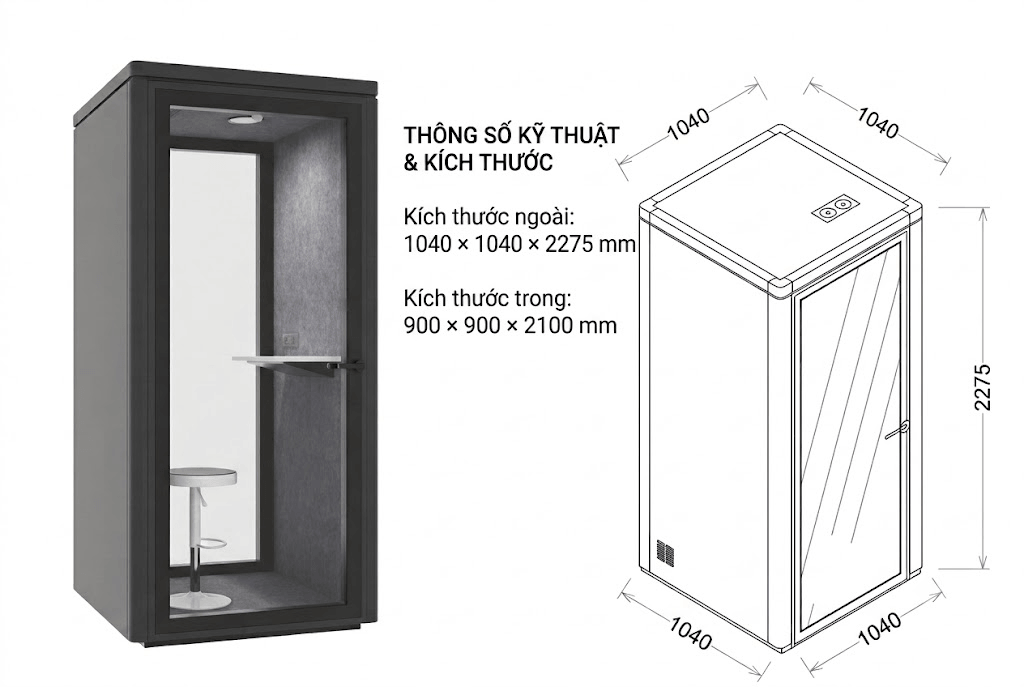 Cabin cách âm cá nhân QB FS-PS Bản lề ẩn Invisible Pivot kích thước 1040 × 1040 × 2275 mm