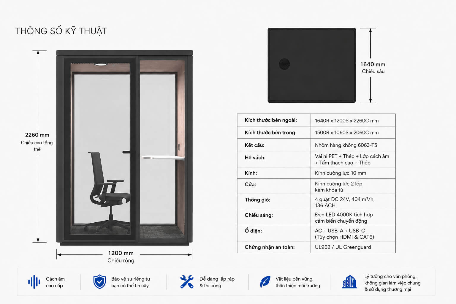 Work Pod QB FS-PW – Focus Booth cho làm việc tập trung thông số kĩ thuật chi tiết